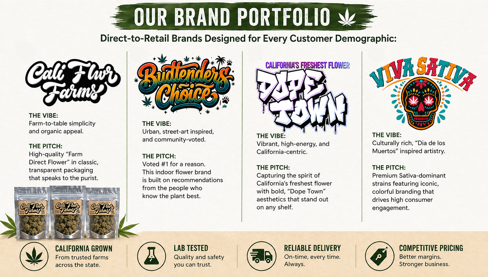 MHPC Distro brand portfolio: Cali Flwr, Budtenders Choice, Dope Town, and Viva Sativa