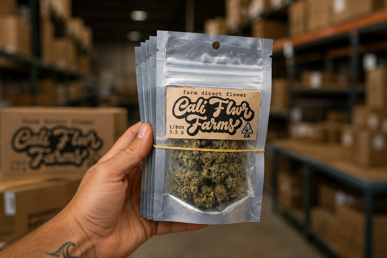 Cali Flwr Farms farm-direct flower bags packed in the MHPC warehouse