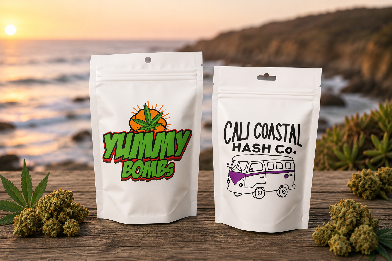 Yummy Bombs and Cali Coastal Hash Co. branded bags on a coastal sunset backdrop